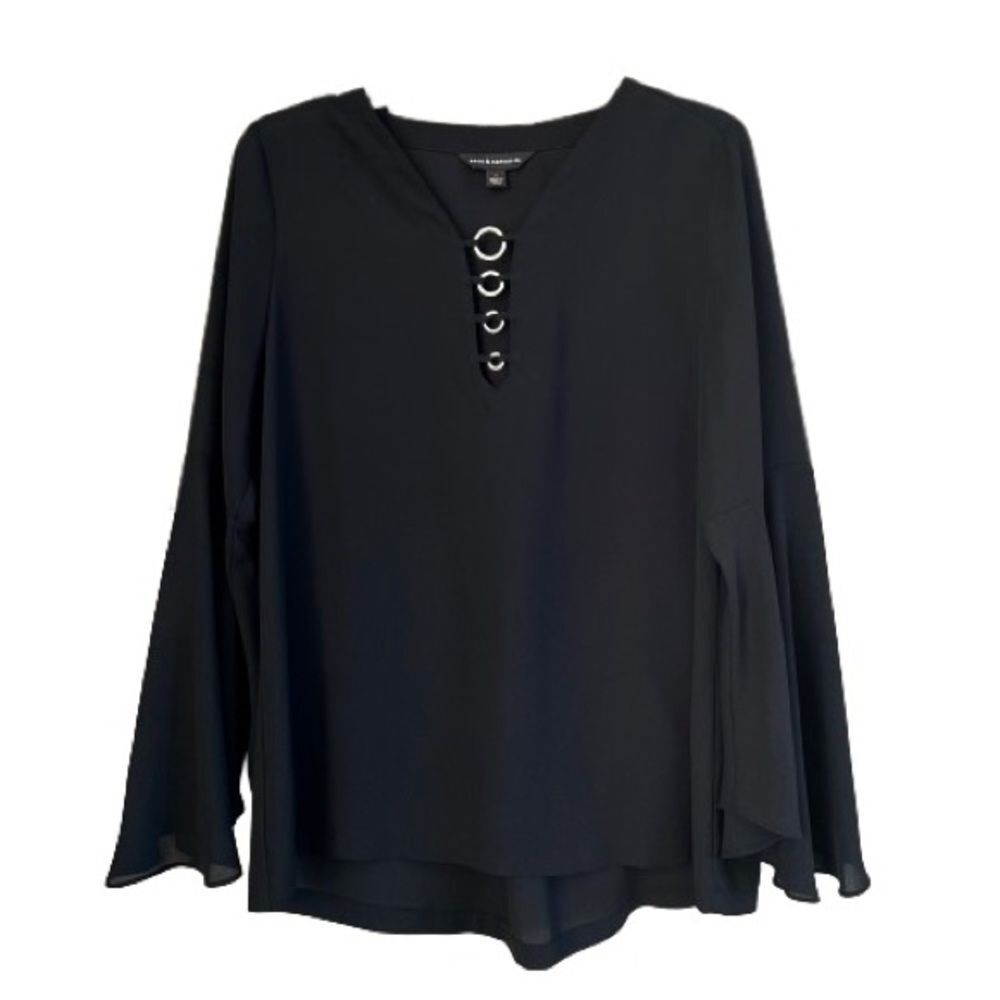 Rock & Republic Semi Sheer Flare Sleeve Black Witchy Academia Blouse Size Small
